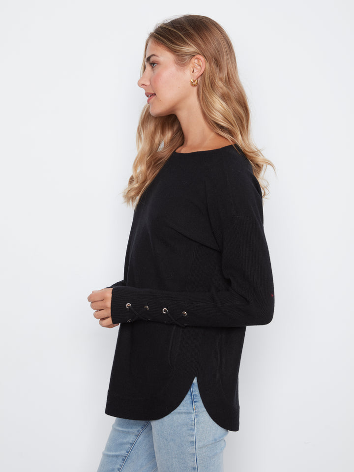Long Sleeve Rounded Hem Boat Neck Sweater With Front Pockets And Sleeve Lacing Detai