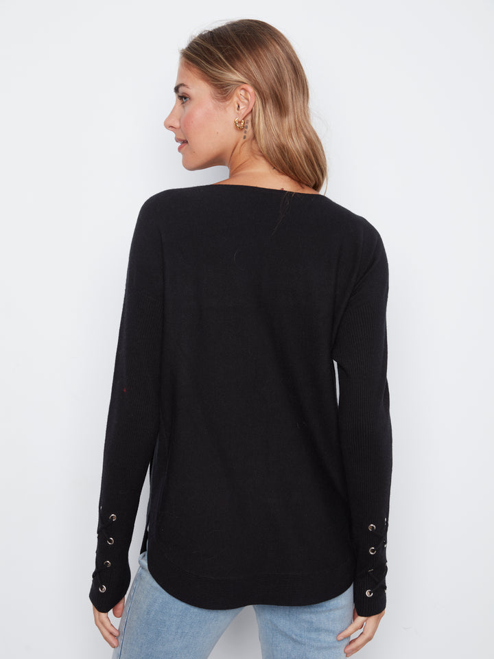 Long Sleeve Rounded Hem Boat Neck Sweater With Front Pockets And Sleeve Lacing Detai