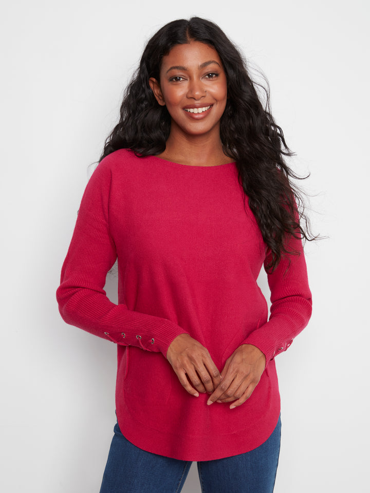 Long Sleeve Rounded Hem Boat Neck Sweater With Front Pockets And Sleeve Lacing Detai