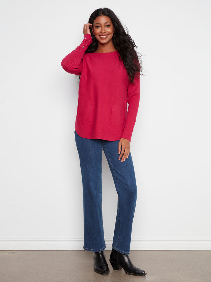 Long Sleeve Rounded Hem Boat Neck Sweater With Front Pockets And Sleeve Lacing Detai