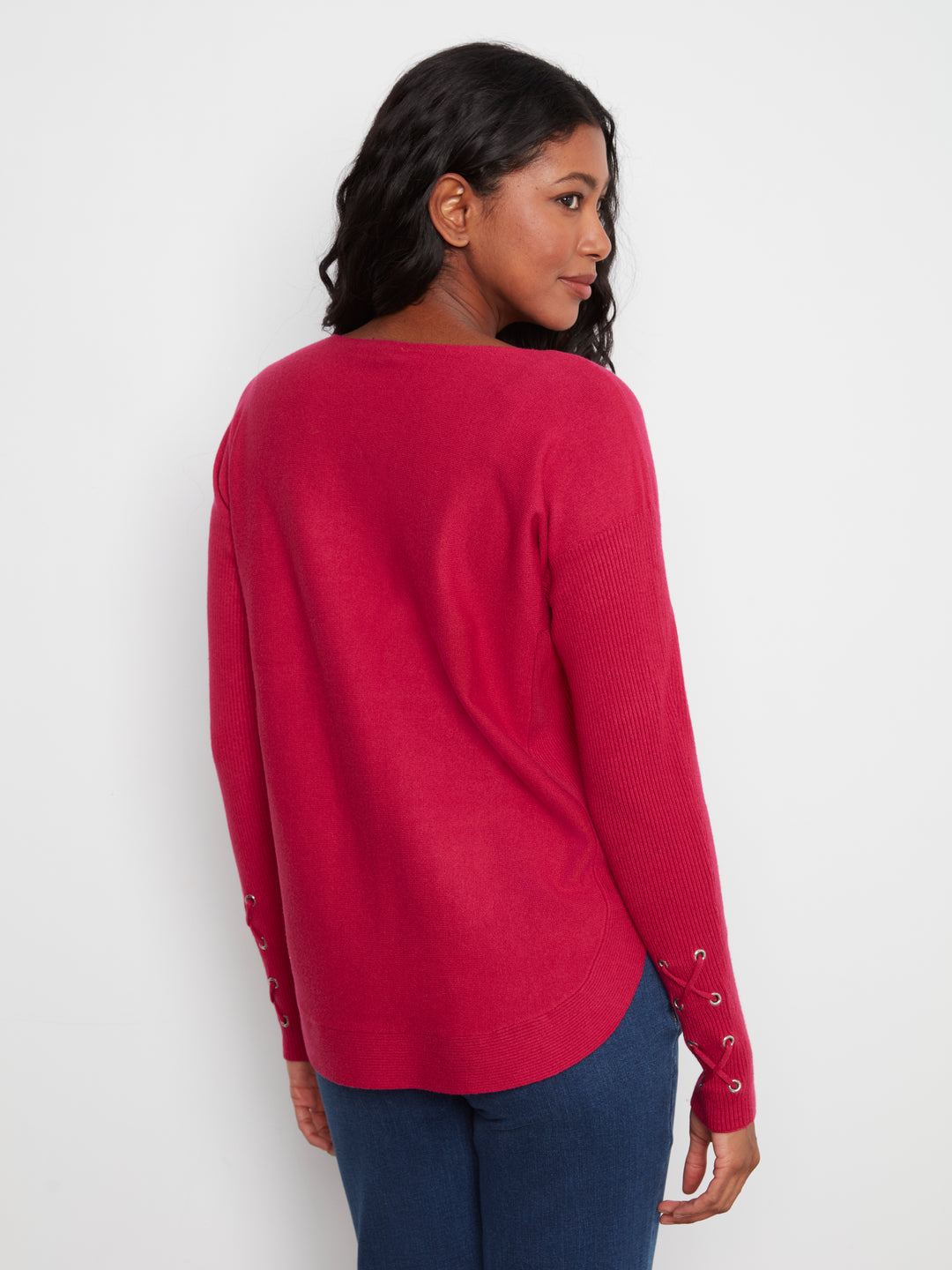 Long Sleeve Rounded Hem Boat Neck Sweater With Front Pockets And Sleeve Lacing Detai