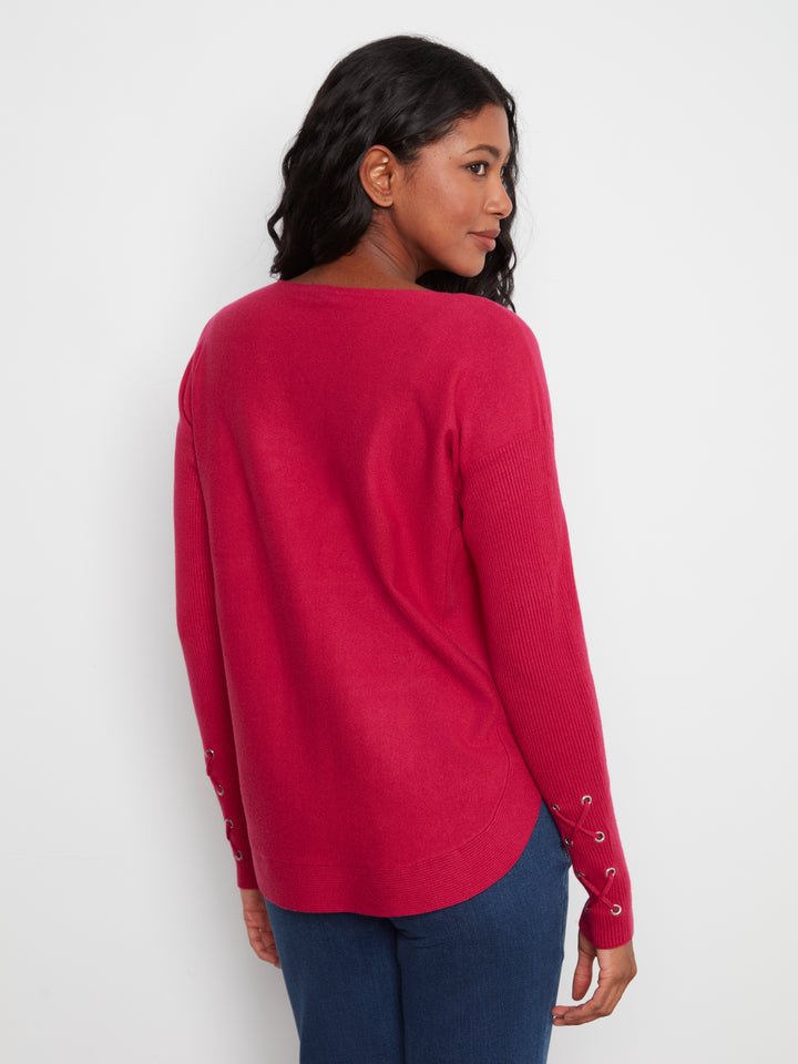 Long Sleeve Rounded Hem Boat Neck Sweater With Front Pockets And Sleeve Lacing Detai