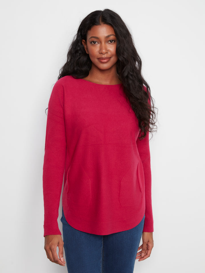 Long Sleeve Rounded Hem Boat Neck Sweater With Front Pockets And Sleeve Lacing Detai