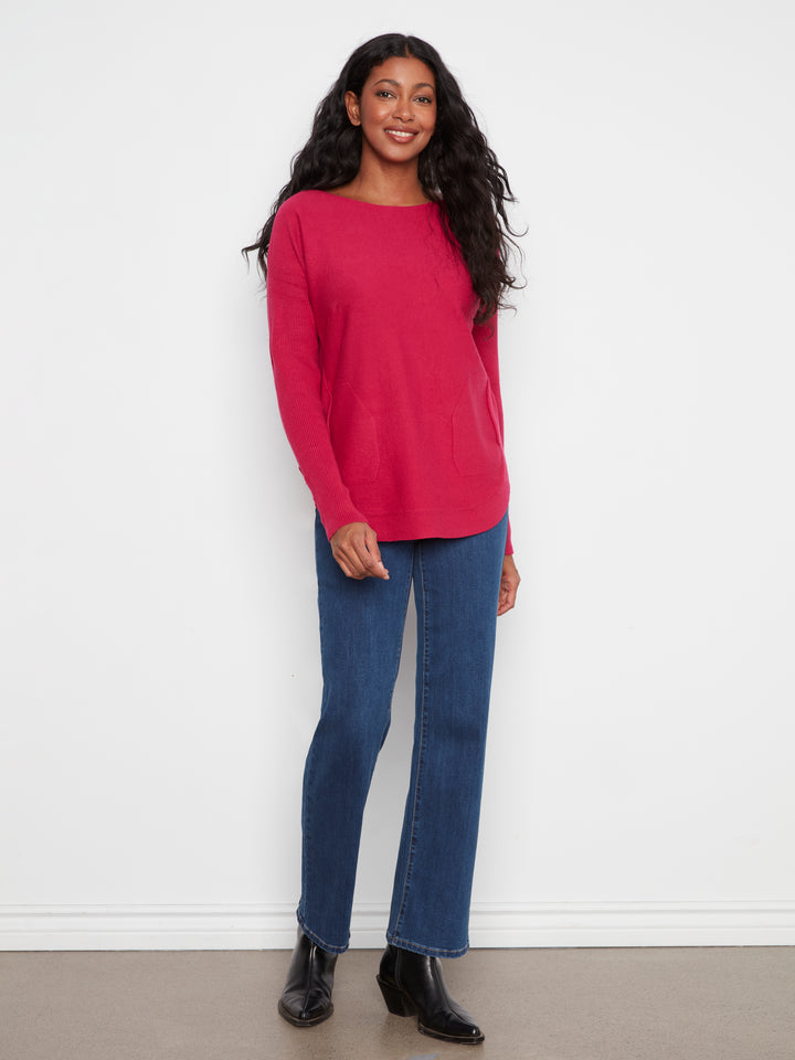 Long Sleeve Rounded Hem Boat Neck Sweater With Front Pockets And Sleeve Lacing Detai