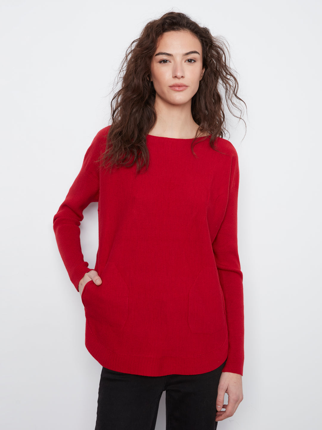Long Sleeve Rounded Hem Boat Neck Sweater With Front Pockets And Sleeve Lacing Detai