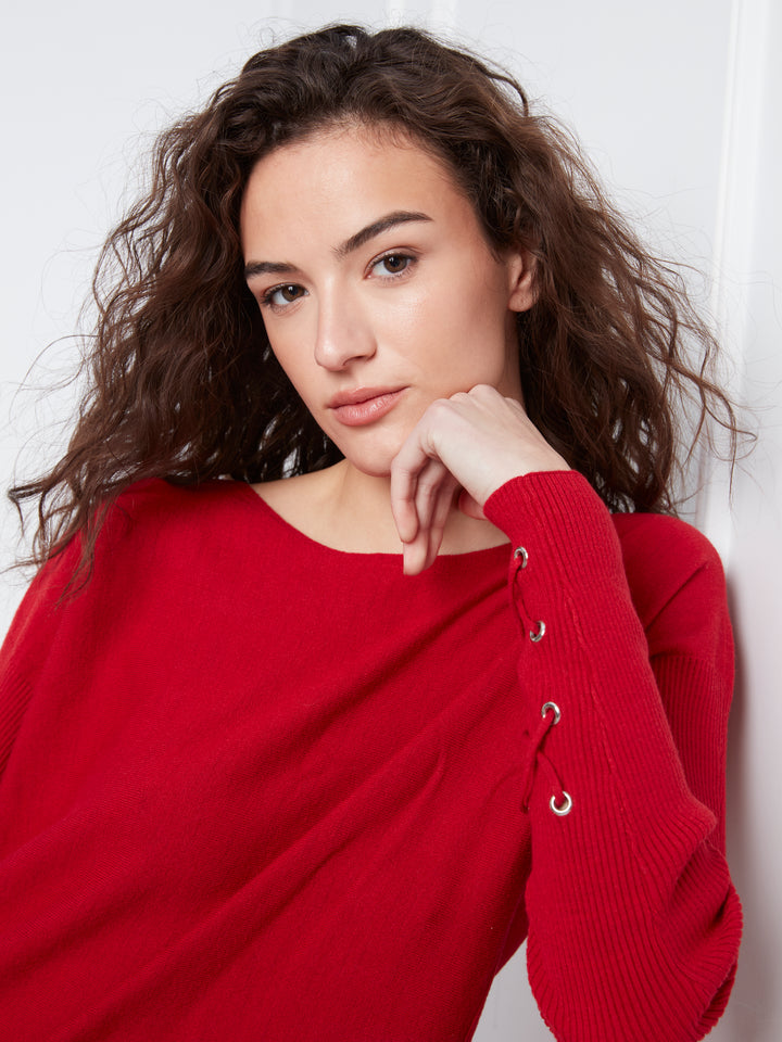 Long Sleeve Rounded Hem Boat Neck Sweater With Front Pockets And Sleeve Lacing Detai