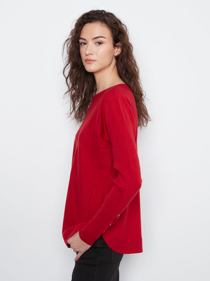 Long Sleeve Rounded Hem Boat Neck Sweater With Front Pockets And Sleeve Lacing Detai