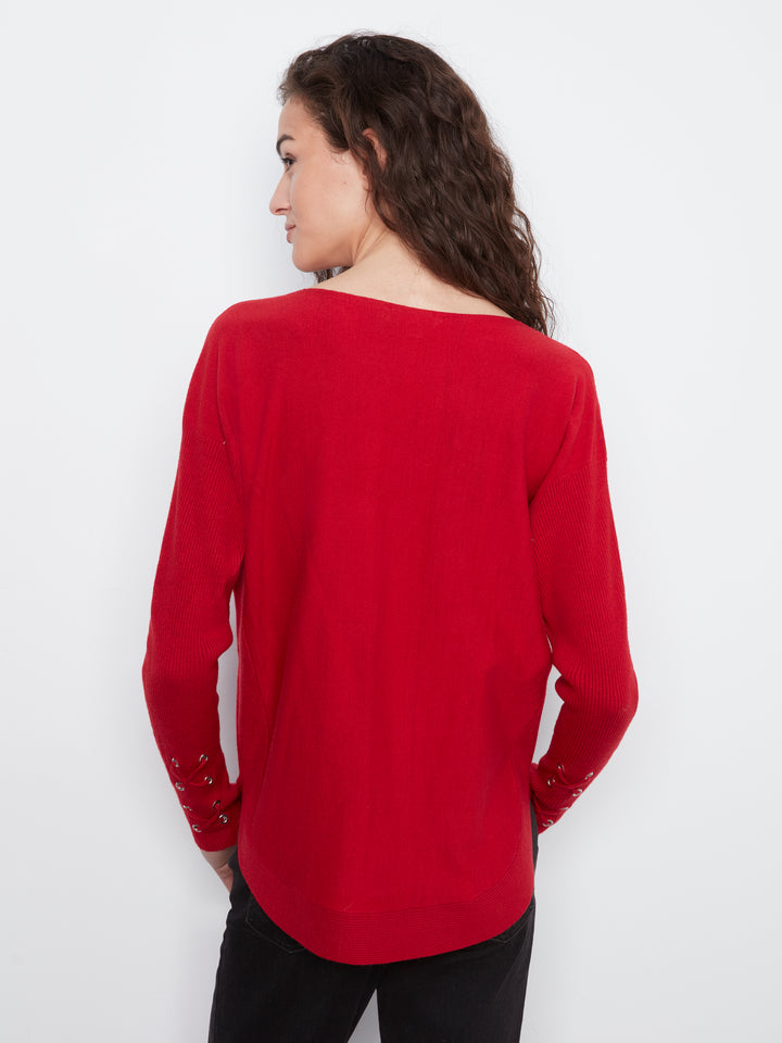 Long Sleeve Rounded Hem Boat Neck Sweater With Front Pockets And Sleeve Lacing Detai