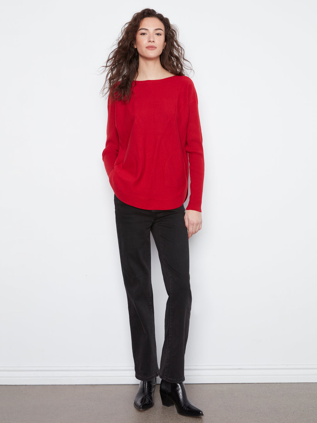 Long Sleeve Rounded Hem Boat Neck Sweater With Front Pockets And Sleeve Lacing Detai