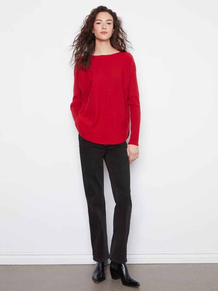 Long Sleeve Rounded Hem Boat Neck Sweater With Front Pockets And Sleeve Lacing Detai