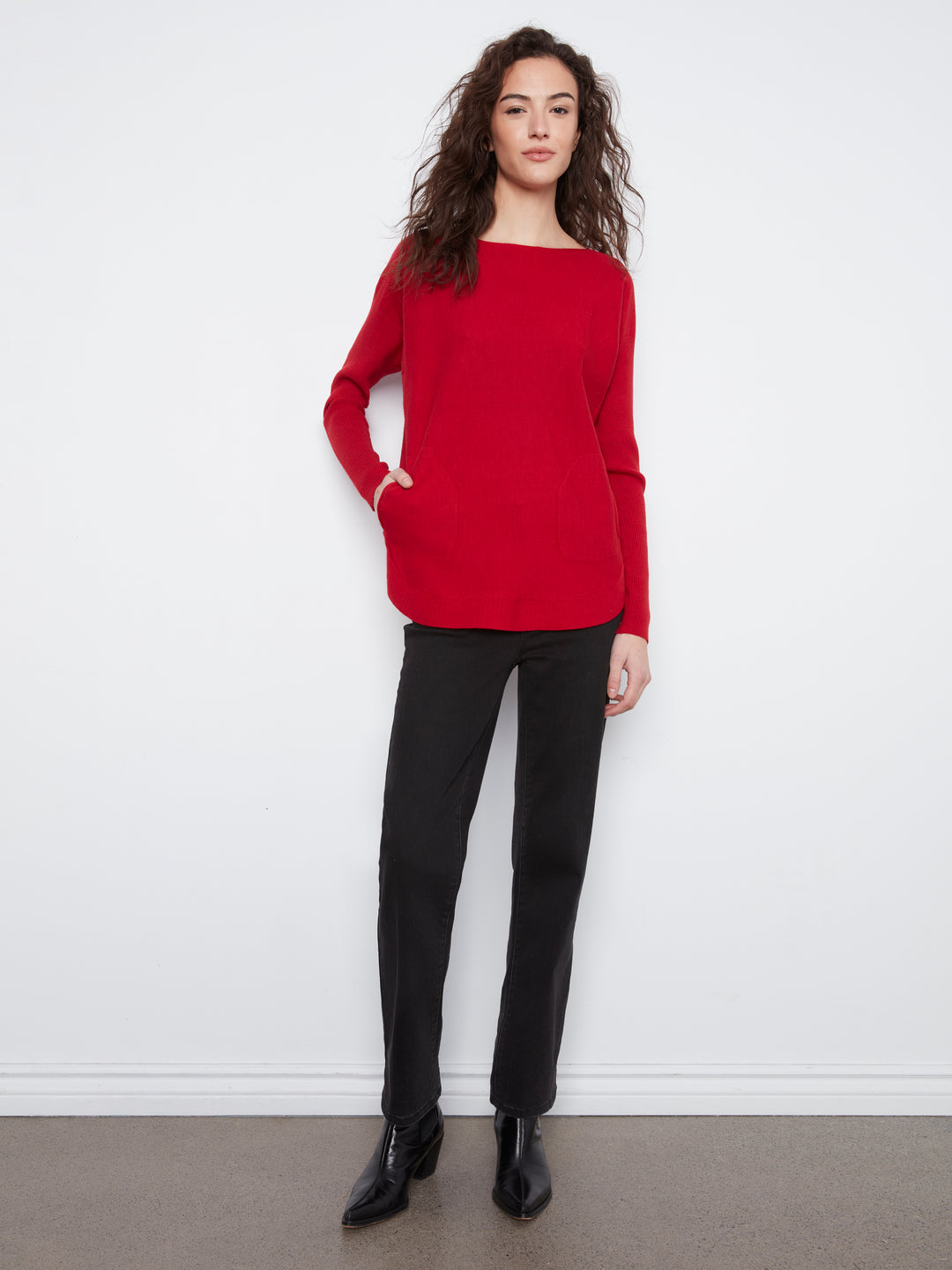 Long Sleeve Rounded Hem Boat Neck Sweater With Front Pockets And Sleeve Lacing Detai