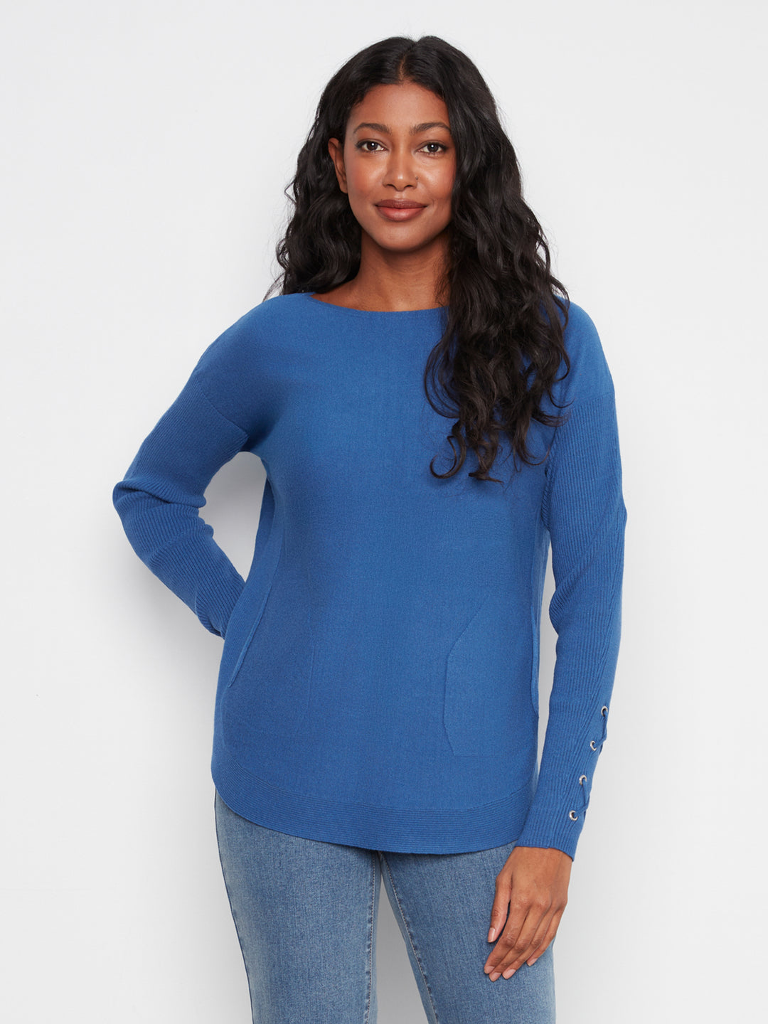 Long Sleeve Rounded Hem Boat Neck Sweater With Front Pockets And Sleeve Lacing Detai