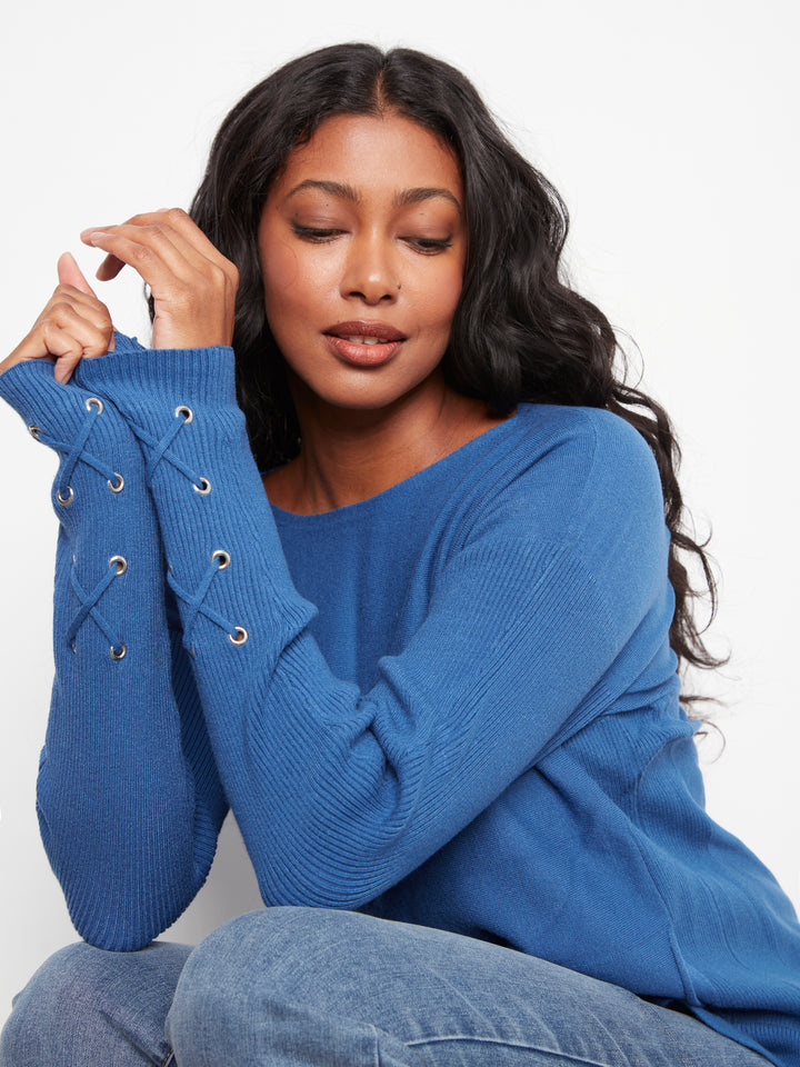 Long Sleeve Rounded Hem Boat Neck Sweater With Front Pockets And Sleeve Lacing Detai