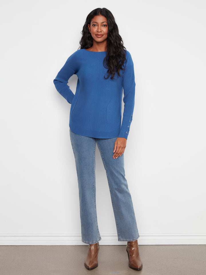 Long Sleeve Rounded Hem Boat Neck Sweater With Front Pockets And Sleeve Lacing Detai