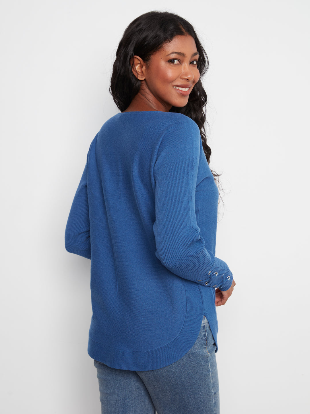 Long Sleeve Rounded Hem Boat Neck Sweater With Front Pockets And Sleeve Lacing Detai