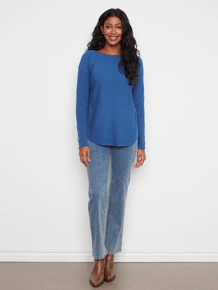 Long Sleeve Rounded Hem Boat Neck Sweater With Front Pockets And Sleeve Lacing Detai