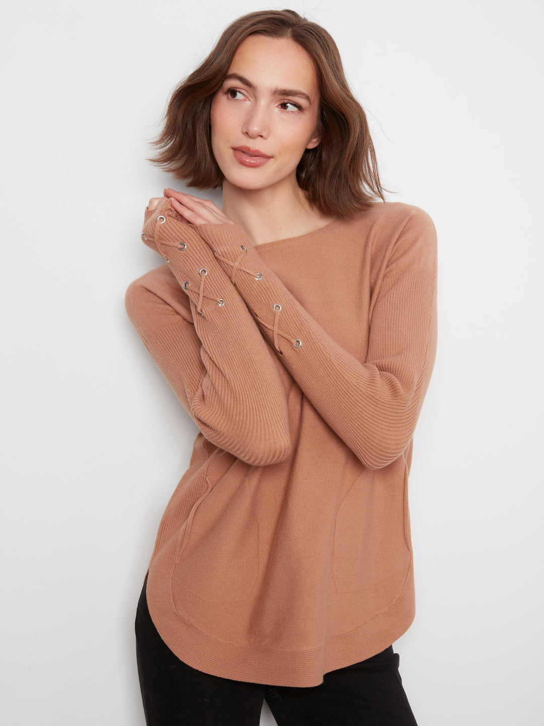 Long Sleeve Rounded Hem Boat Neck Sweater With Front Pockets And Sleeve Lacing Detai
