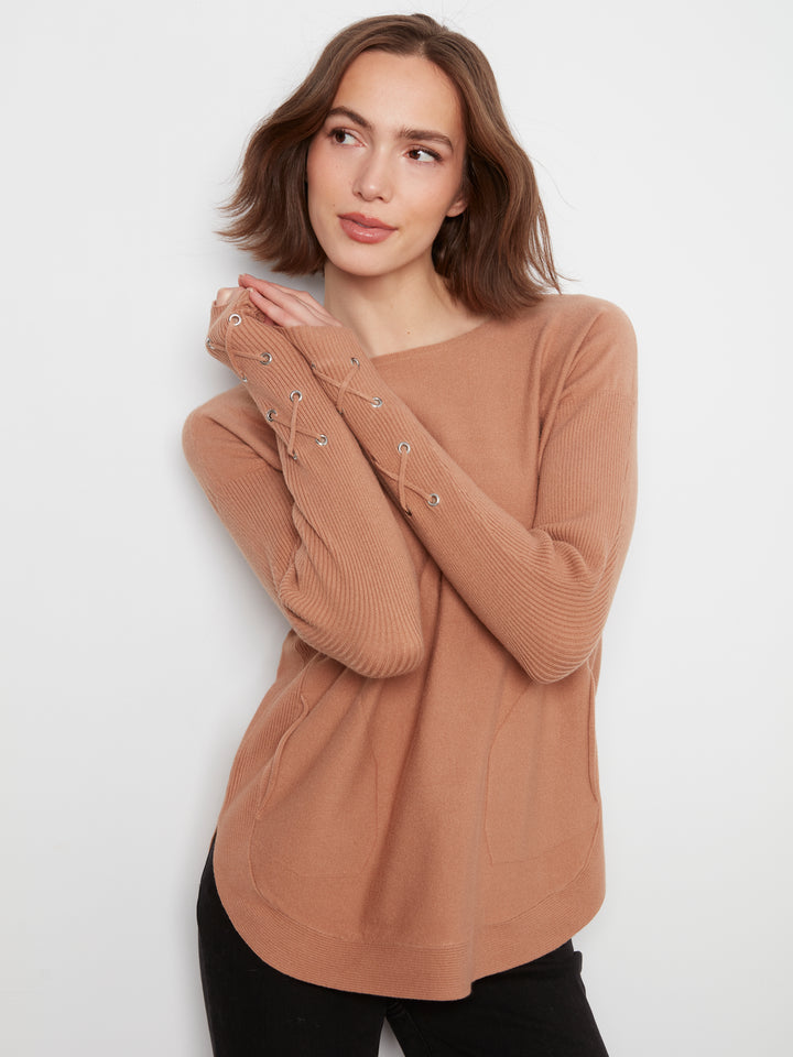 Long Sleeve Rounded Hem Boat Neck Sweater With Front Pockets And Sleeve Lacing Detai
