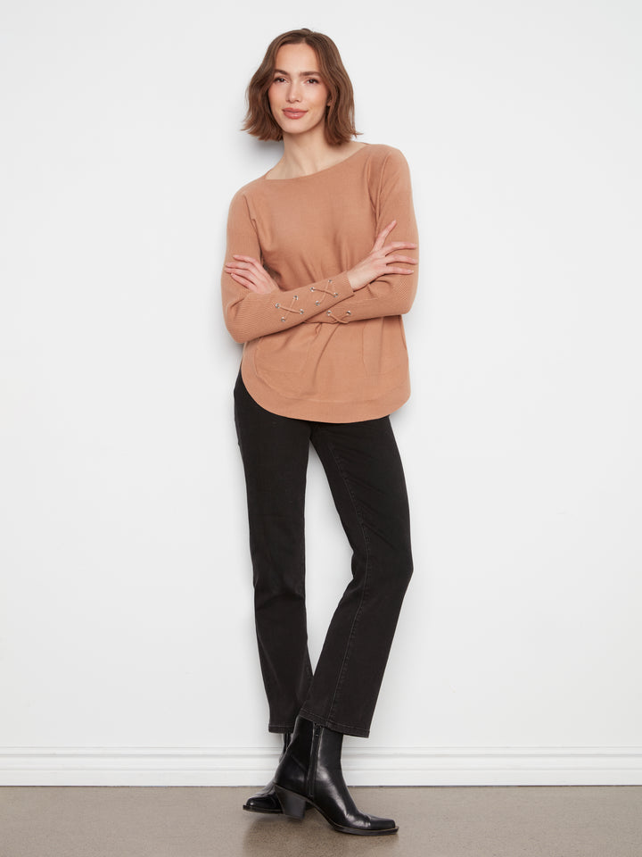 Long Sleeve Rounded Hem Boat Neck Sweater With Front Pockets And Sleeve Lacing Detai
