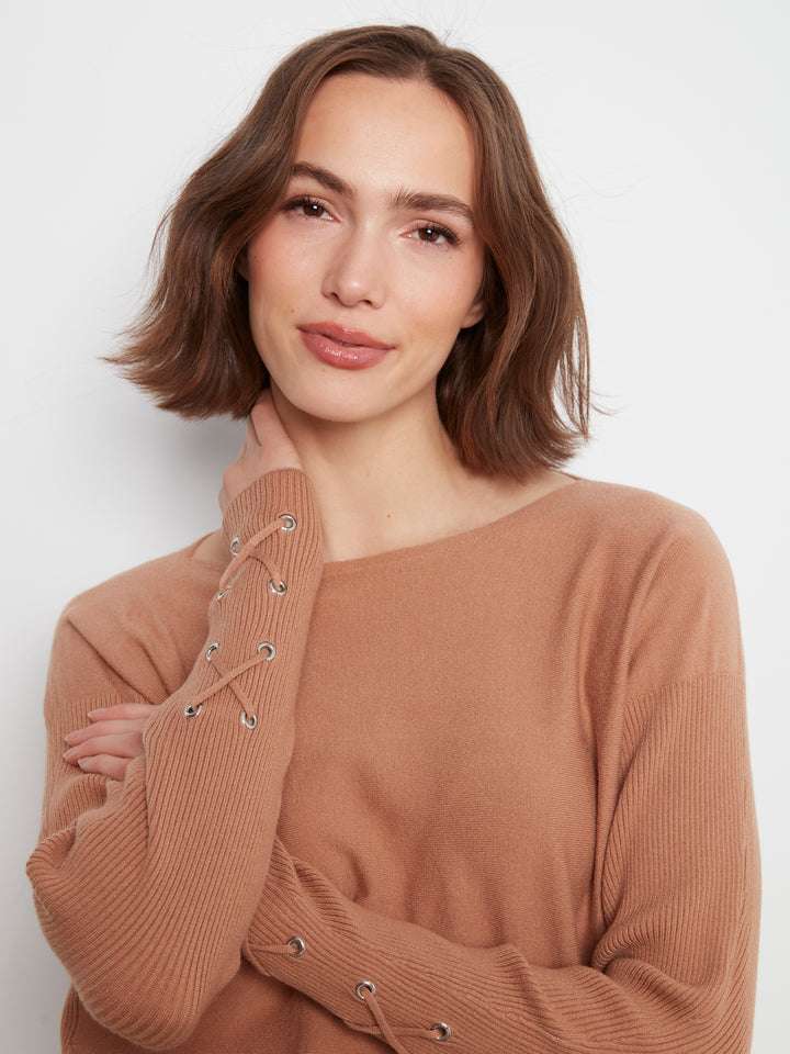 Long Sleeve Rounded Hem Boat Neck Sweater With Front Pockets And Sleeve Lacing Detai