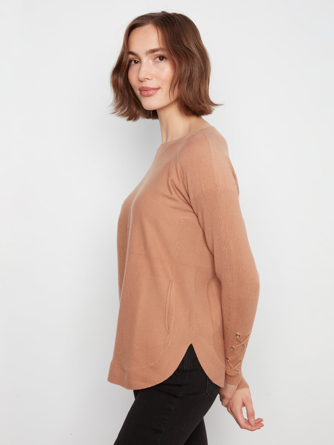 Long Sleeve Rounded Hem Boat Neck Sweater With Front Pockets And Sleeve Lacing Detai