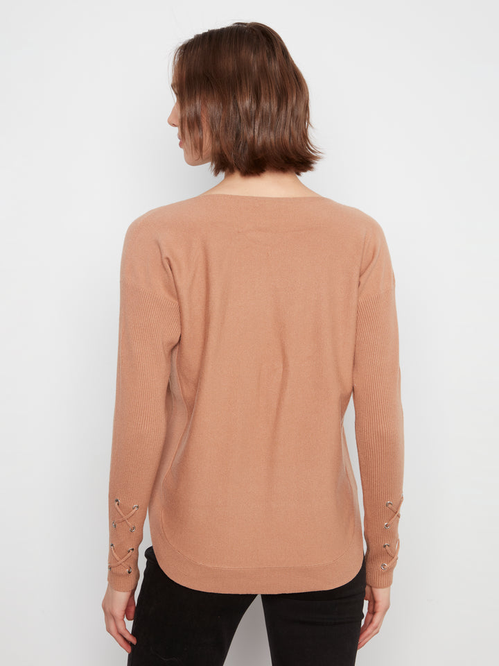 Long Sleeve Rounded Hem Boat Neck Sweater With Front Pockets And Sleeve Lacing Detai