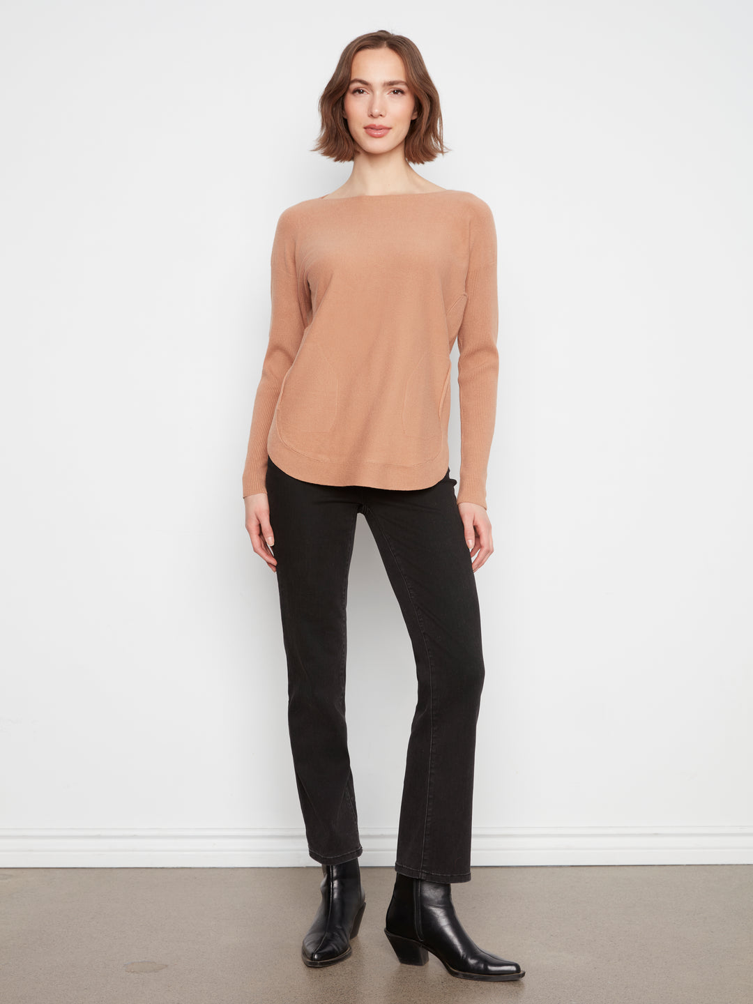 Long Sleeve Rounded Hem Boat Neck Sweater With Front Pockets And Sleeve Lacing Detai