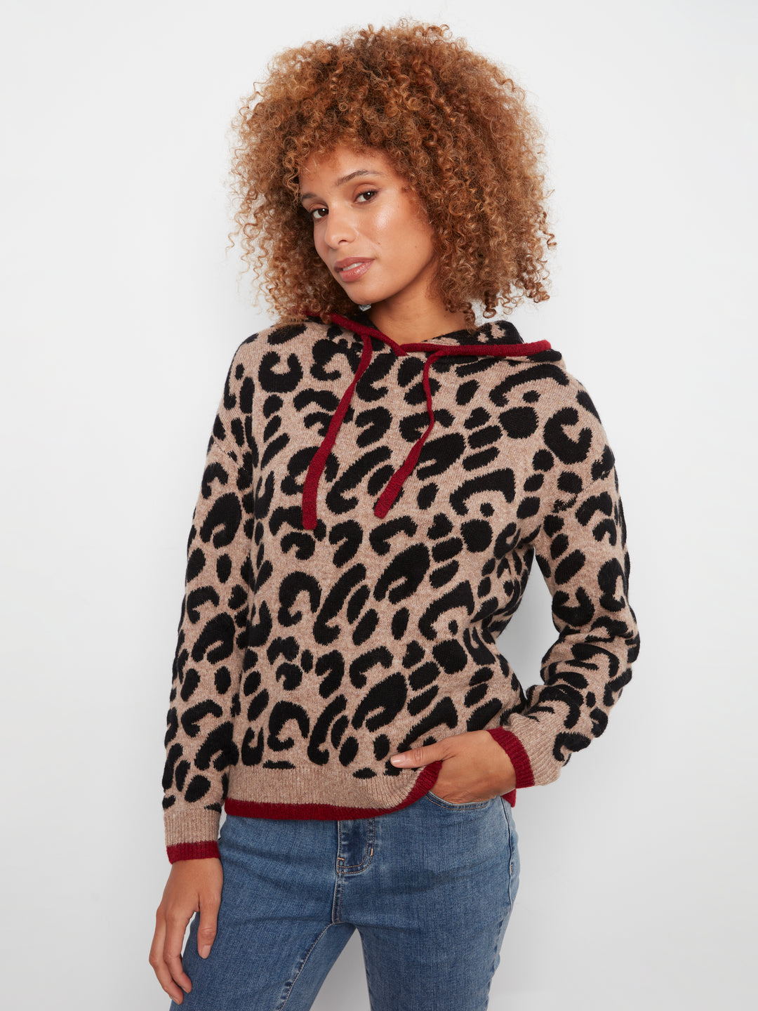 Long Sleeve Drop Shoulder Hooded Sweater In Jacquard With Contrast Trims