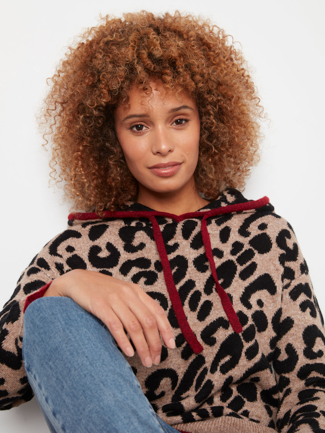 Long Sleeve Drop Shoulder Hooded Sweater In Jacquard With Contrast Trims