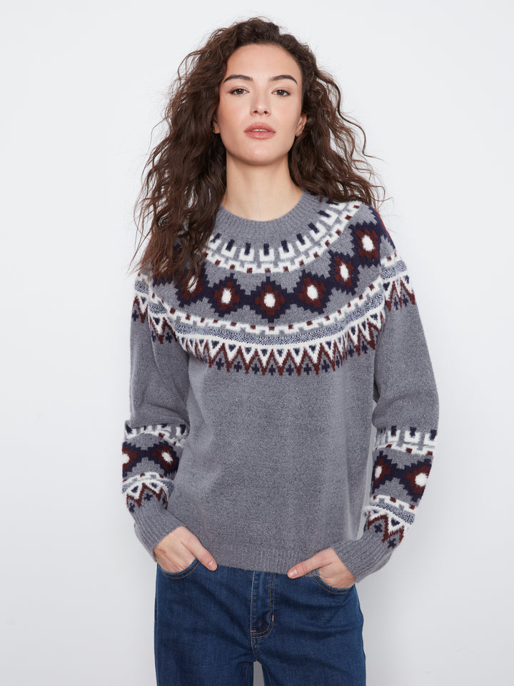 Raglan Long Sleeve Crew Neck Jacquard Ski Sweater
