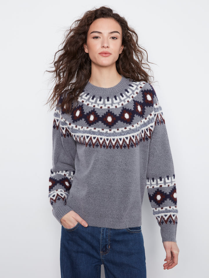 Raglan Long Sleeve Crew Neck Jacquard Ski Sweater