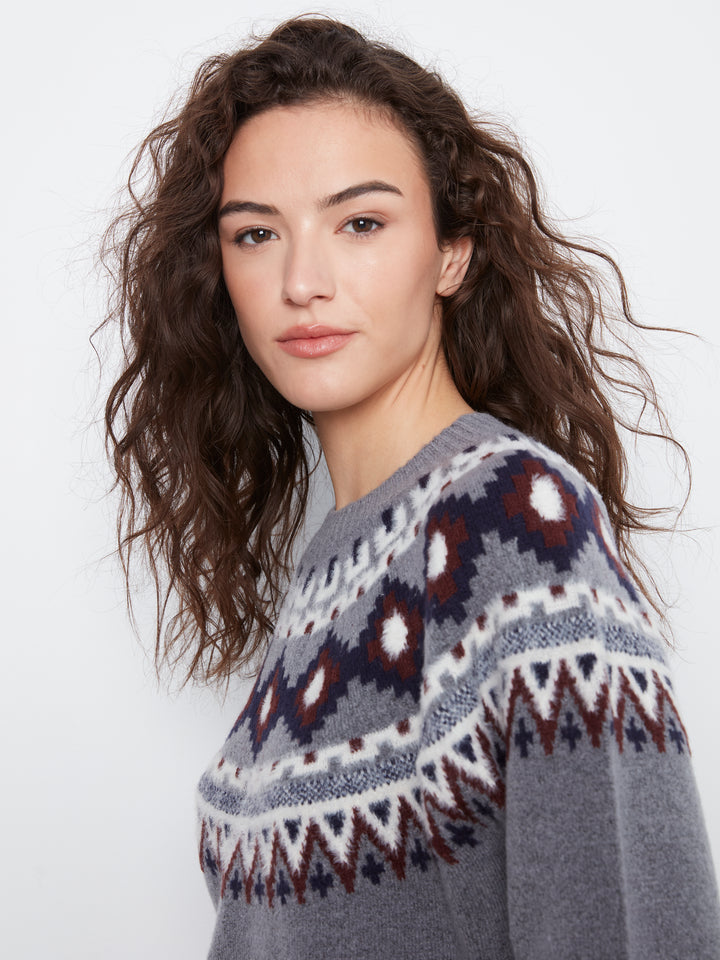 Raglan Long Sleeve Crew Neck Jacquard Ski Sweater