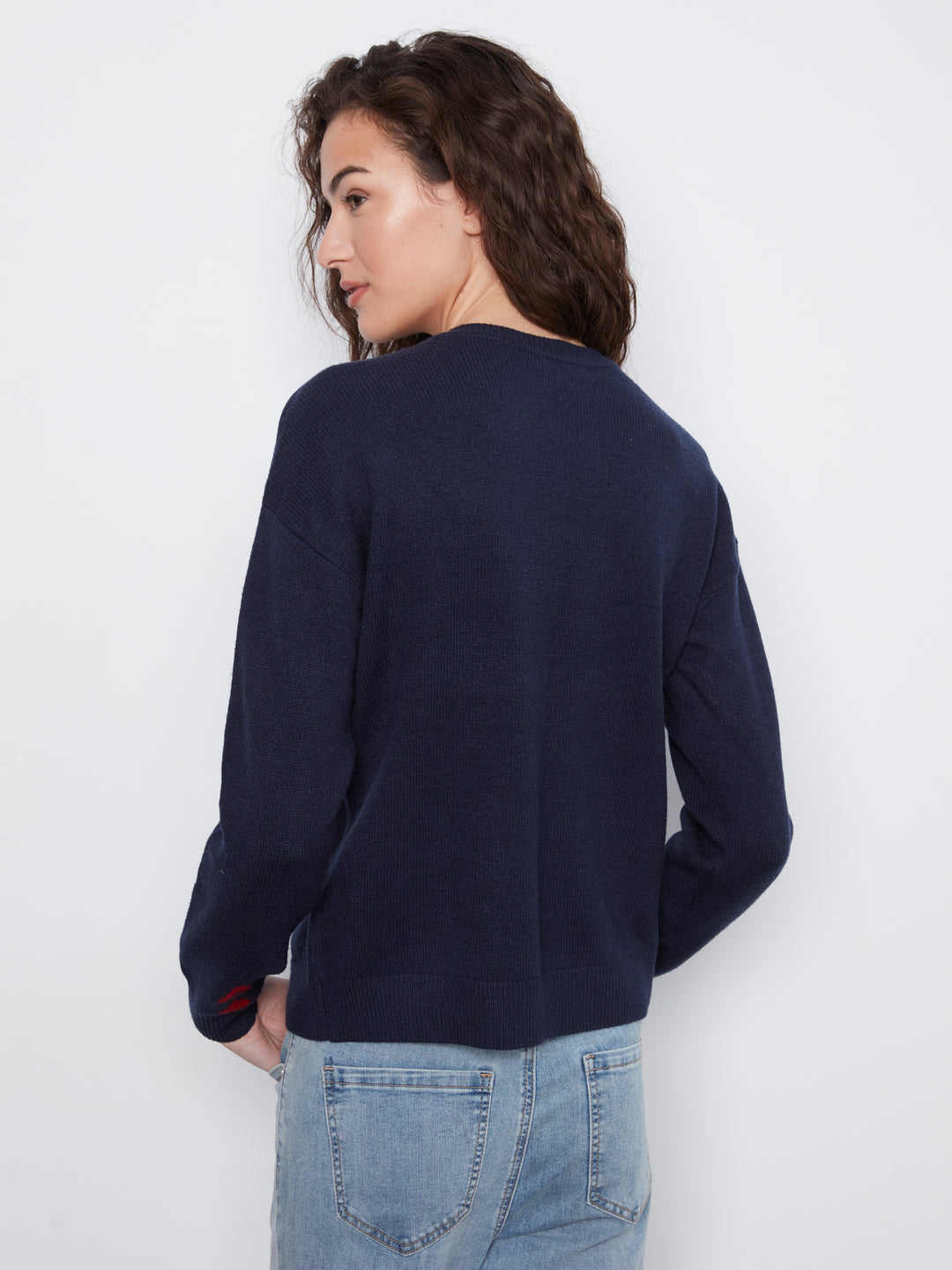 Long Sleeve Drop Shoulder Crew Neck Sweater With Jacquard Design