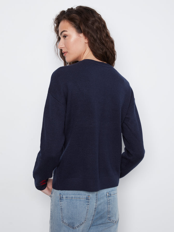 Long Sleeve Drop Shoulder Crew Neck Sweater With Jacquard Design