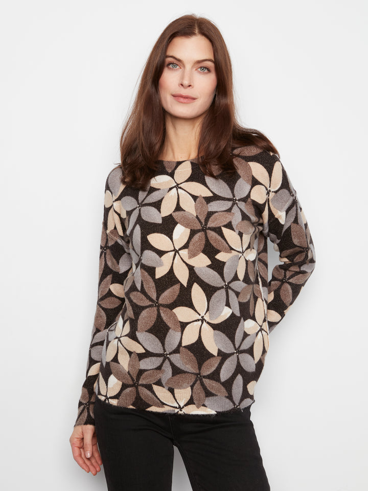 Long Sleeve Drop Shoulder Crew Neck Printed Reversible Sweater