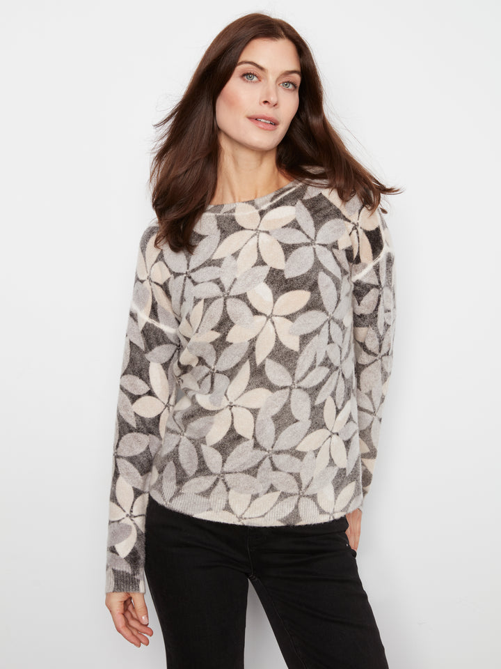 Long Sleeve Drop Shoulder Crew Neck Printed Reversible Sweater
