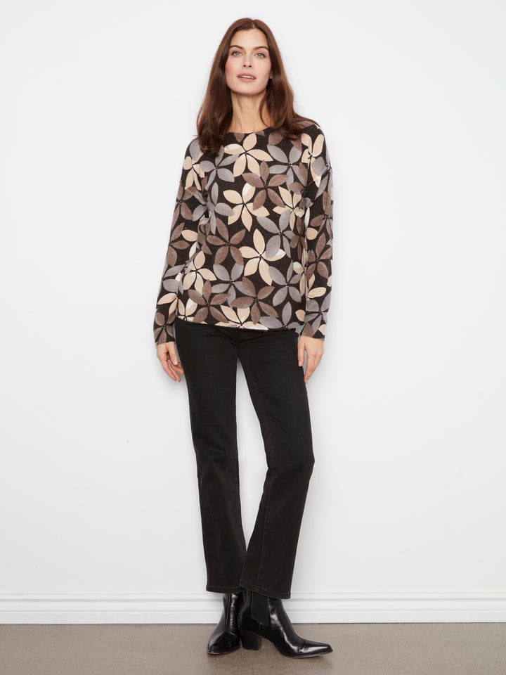 Long Sleeve Drop Shoulder Crew Neck Printed Reversible Sweater