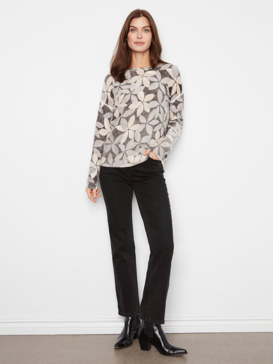 Long Sleeve Drop Shoulder Crew Neck Printed Reversible Sweater