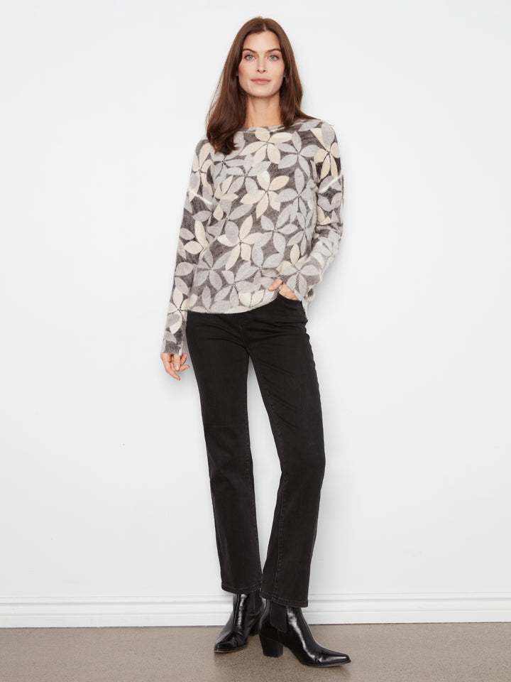 Long Sleeve Drop Shoulder Crew Neck Printed Reversible Sweater