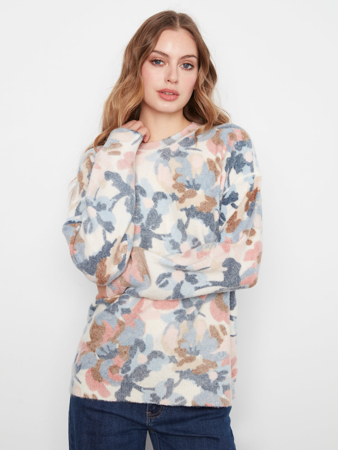 Long Sleeve Drop Shoulder Crew Neck Printed Reversible Sweater