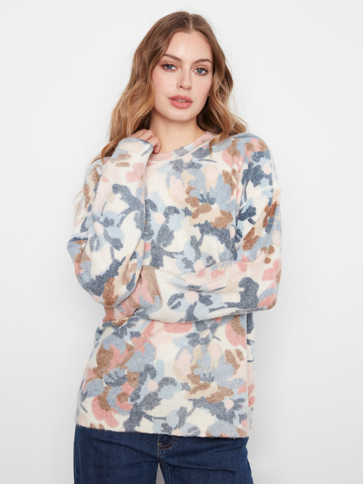 Long Sleeve Drop Shoulder Crew Neck Printed Reversible Sweater
