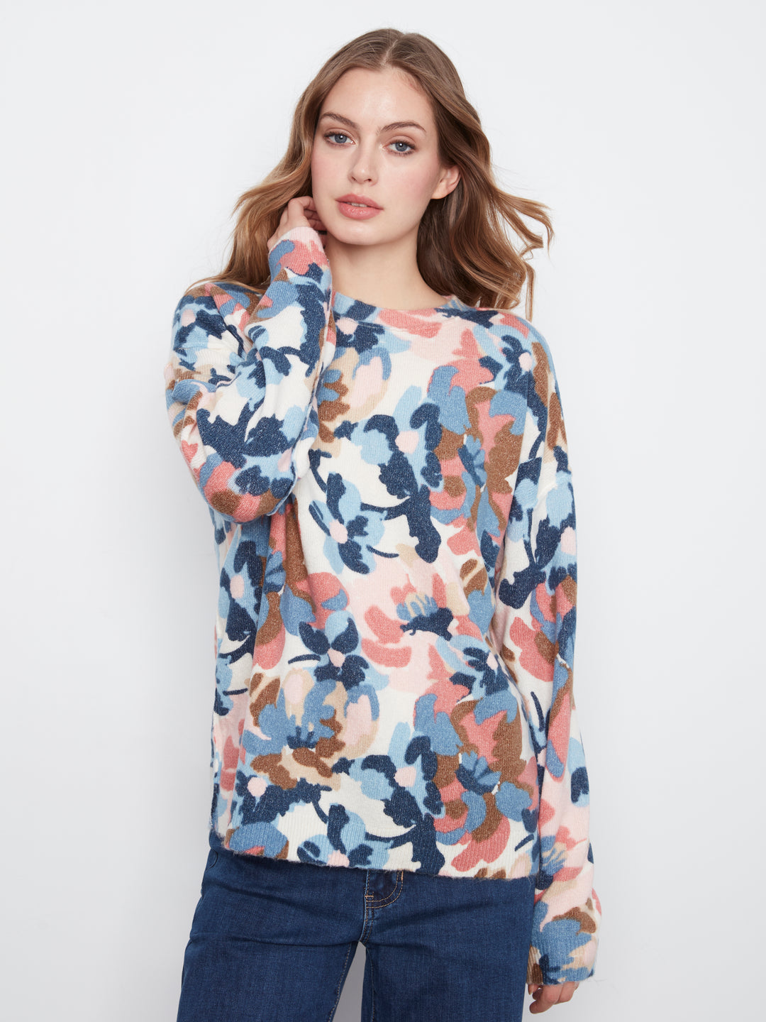 Long Sleeve Drop Shoulder Crew Neck Printed Reversible Sweater