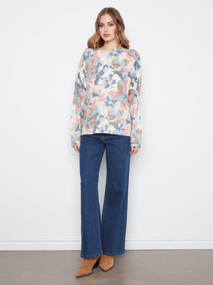 Long Sleeve Drop Shoulder Crew Neck Printed Reversible Sweater