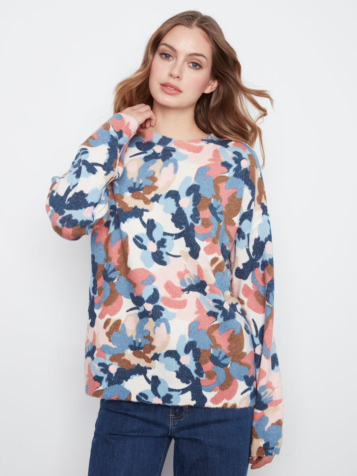 Long Sleeve Drop Shoulder Crew Neck Printed Reversible Sweater