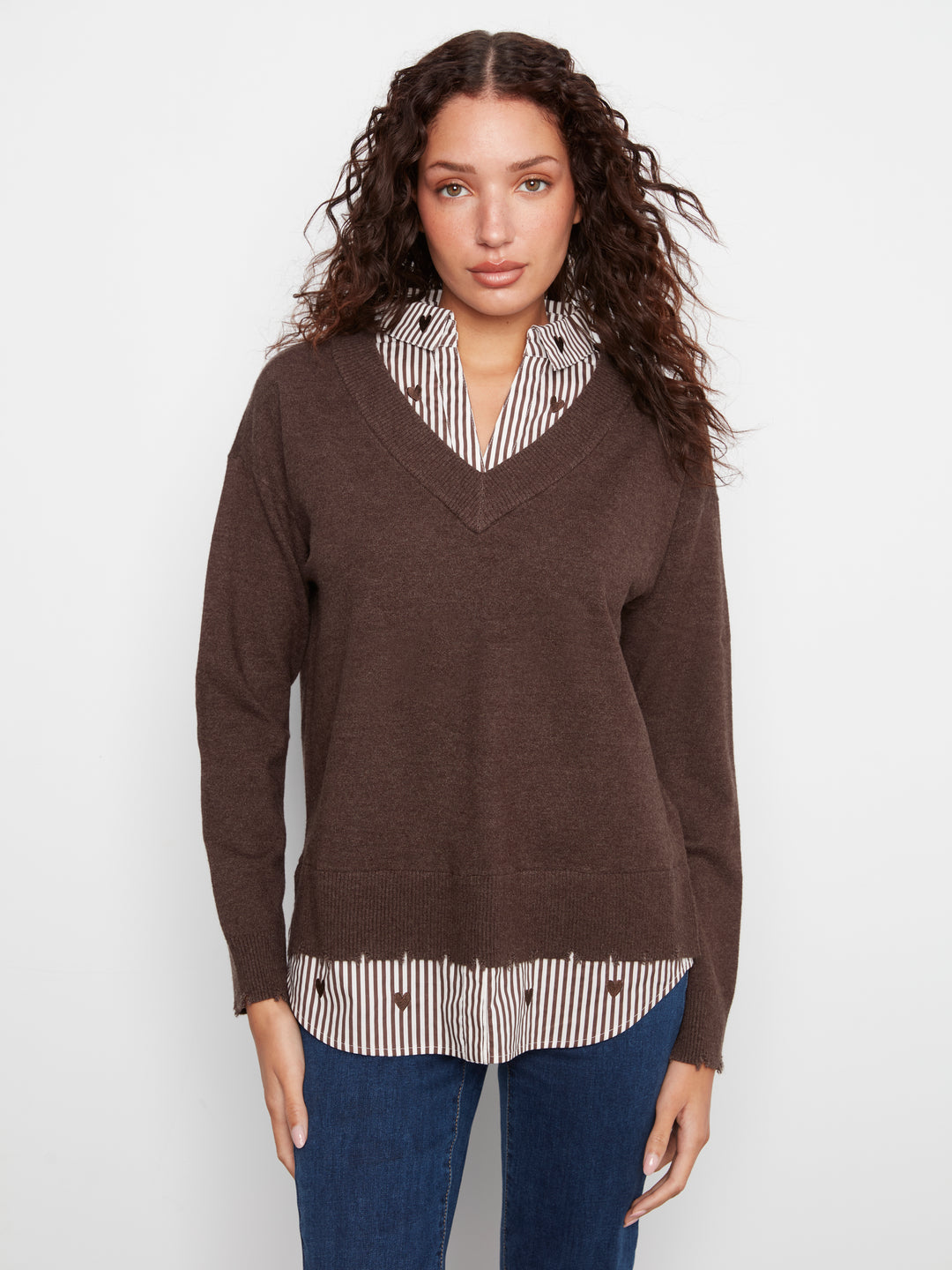 Long Sleeve V-Neck Fooler Sweater w/ Embroidered Striped Poplin Collar and Bottom Hem Pc