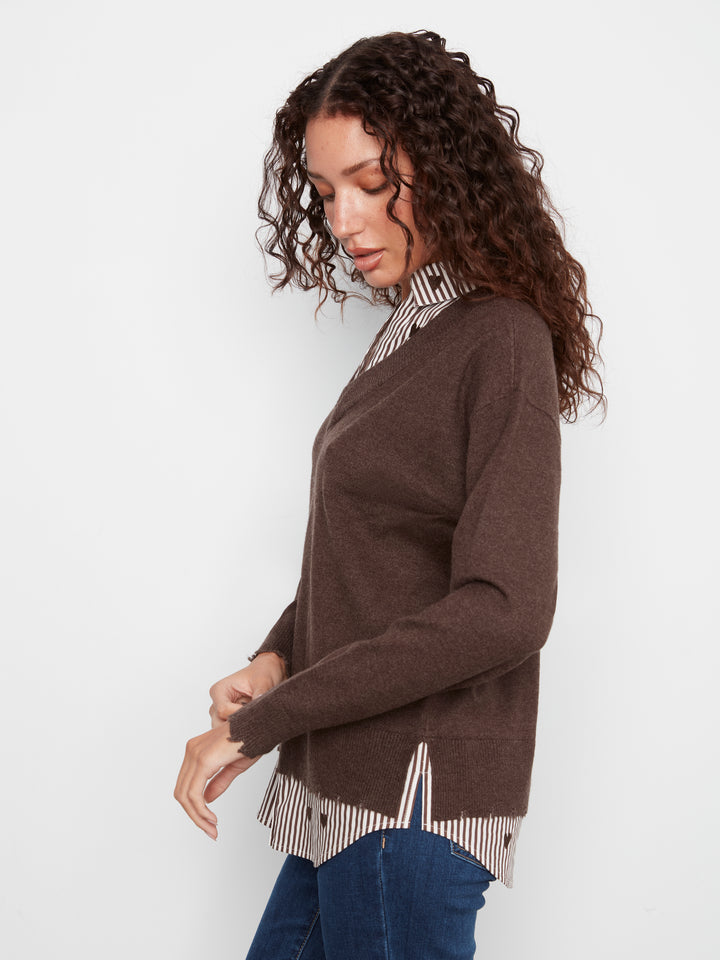 Long Sleeve V-Neck Fooler Sweater w/ Embroidered Striped Poplin Collar and Bottom Hem Pc
