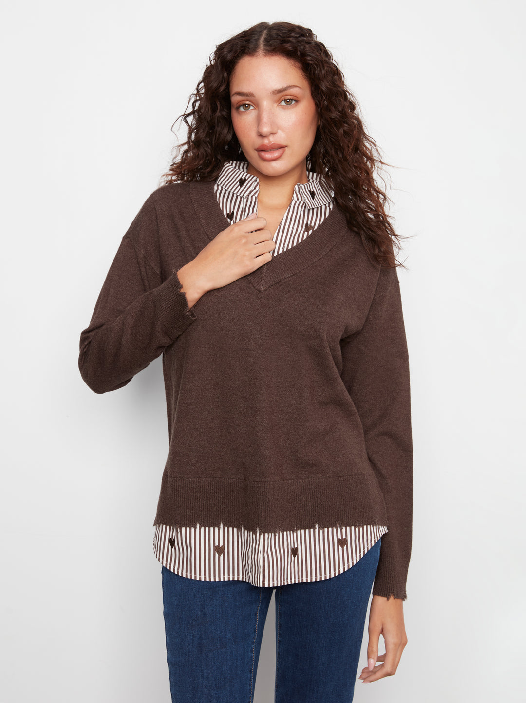 Long Sleeve V-Neck Fooler Sweater w/ Embroidered Striped Poplin Collar and Bottom Hem Pc