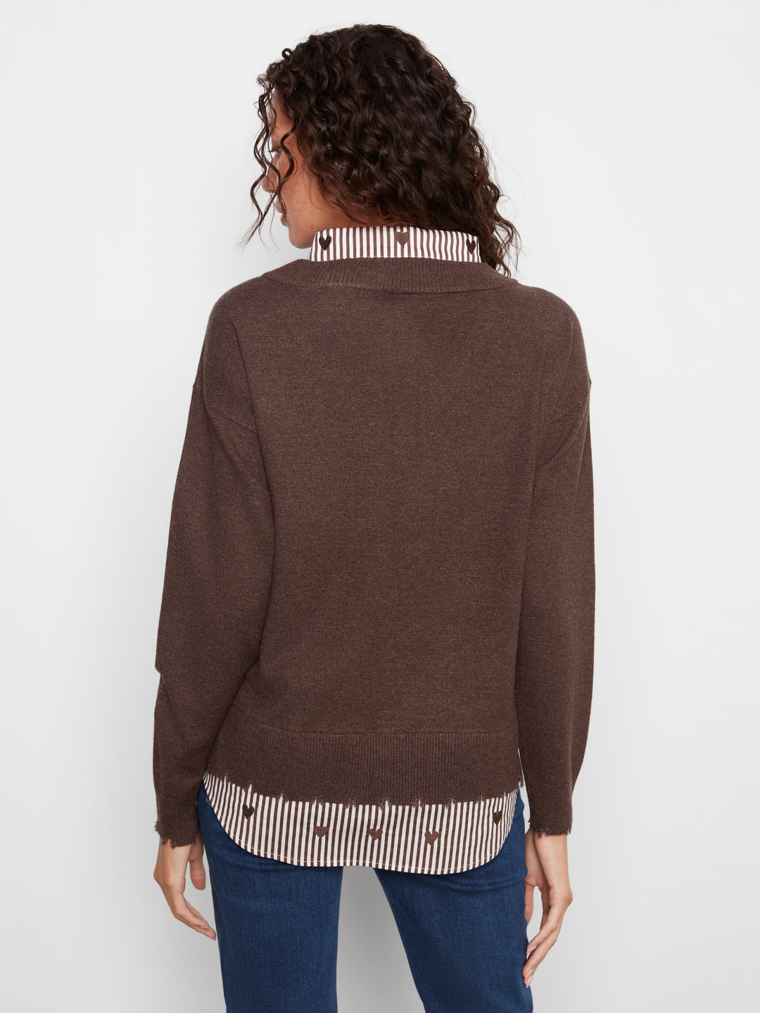 Long Sleeve V-Neck Fooler Sweater w/ Embroidered Striped Poplin Collar and Bottom Hem Pc