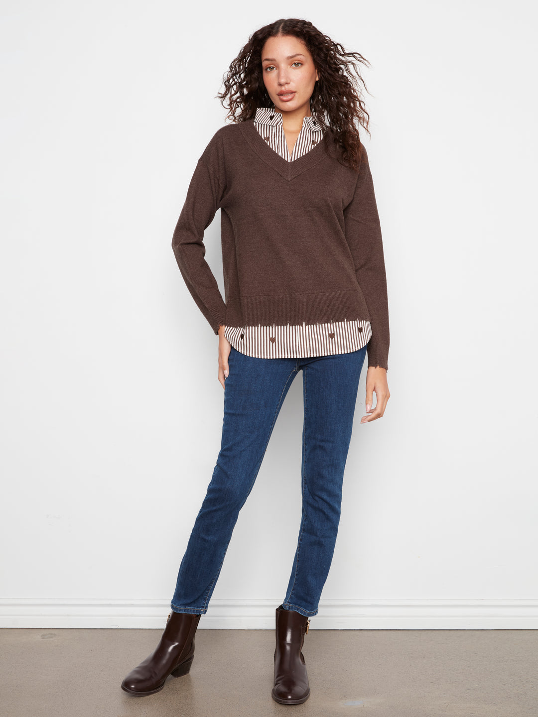 Long Sleeve V-Neck Fooler Sweater w/ Embroidered Striped Poplin Collar and Bottom Hem Pc