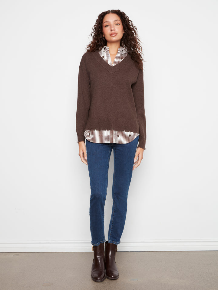 Long Sleeve V-Neck Fooler Sweater w/ Embroidered Striped Poplin Collar and Bottom Hem Pc